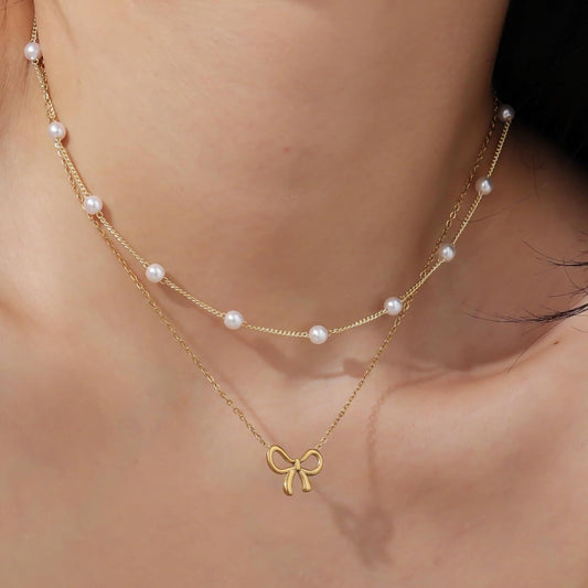 Women’s Pearl Bow Necklace Golden & Silver Titanium Steel Chain Jewelry