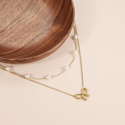 Women’s Pearl Bow Necklace Golden & Silver Titanium Steel Chain Jewelry