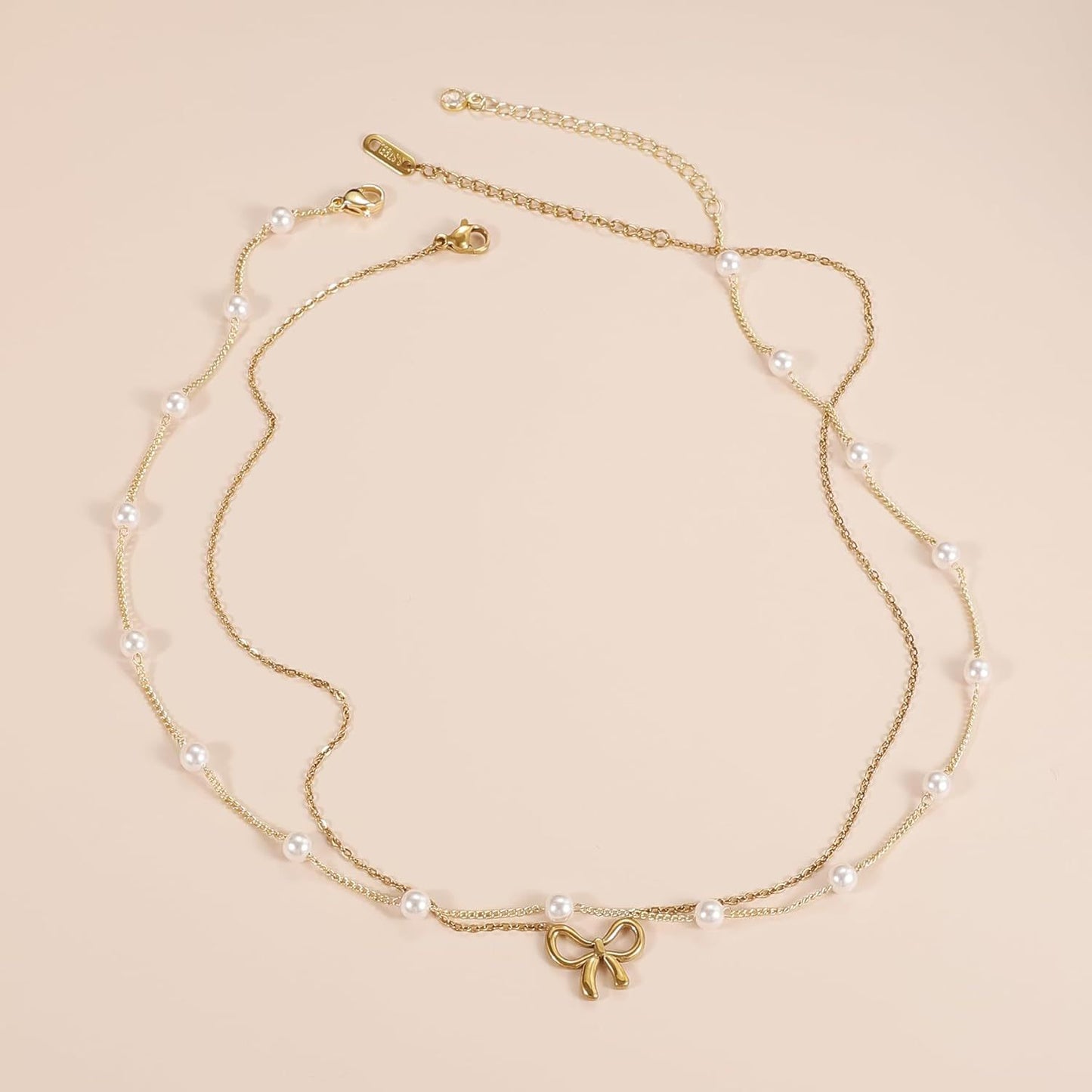 Women’s Pearl Bow Necklace Golden & Silver Titanium Steel Chain Jewelry