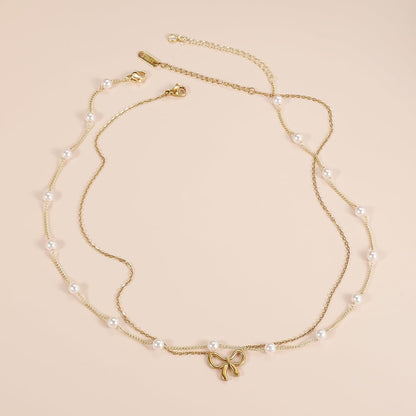 Women’s Pearl Bow Necklace Golden & Silver Titanium Steel Chain Jewelry