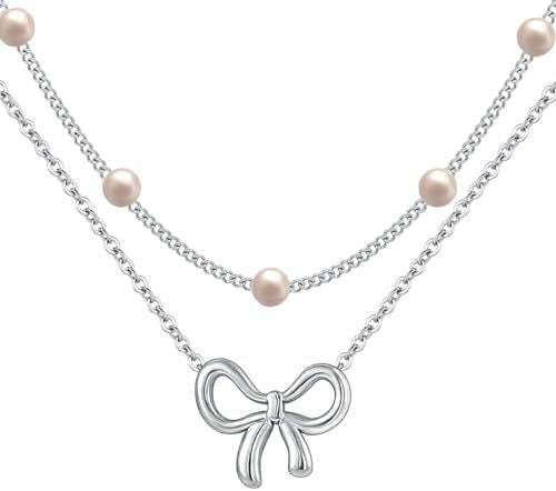 Women’s Pearl Bow Necklace Golden & Silver Titanium Steel Chain Jewelry