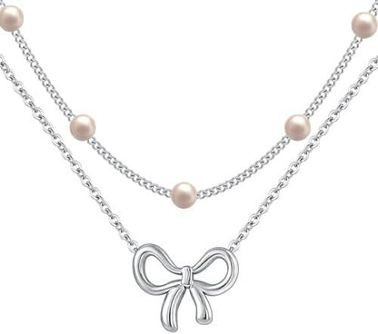 Women’s Pearl Bow Necklace Golden & Silver Titanium Steel Chain Jewelry